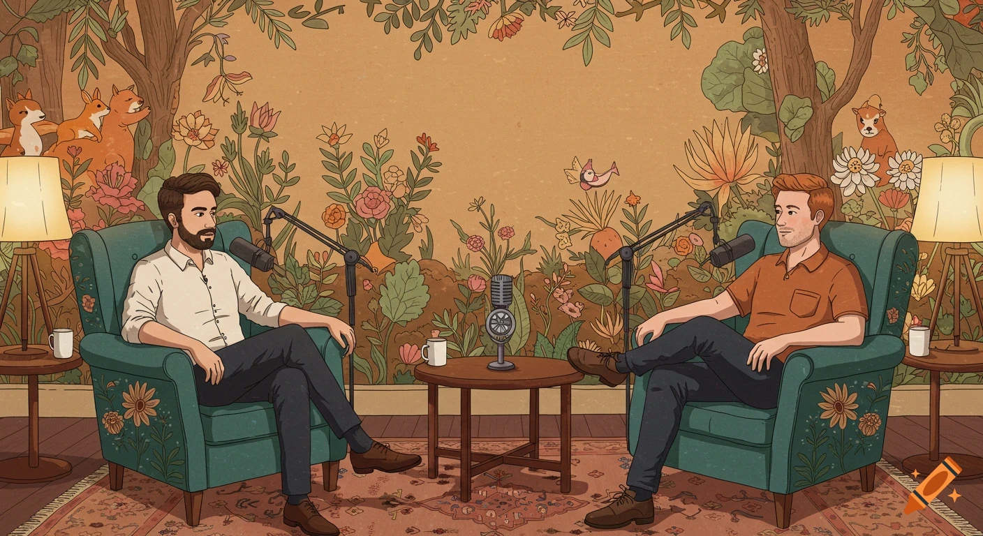 Two men podcasting in armchairs in a room with nature wallpaper.