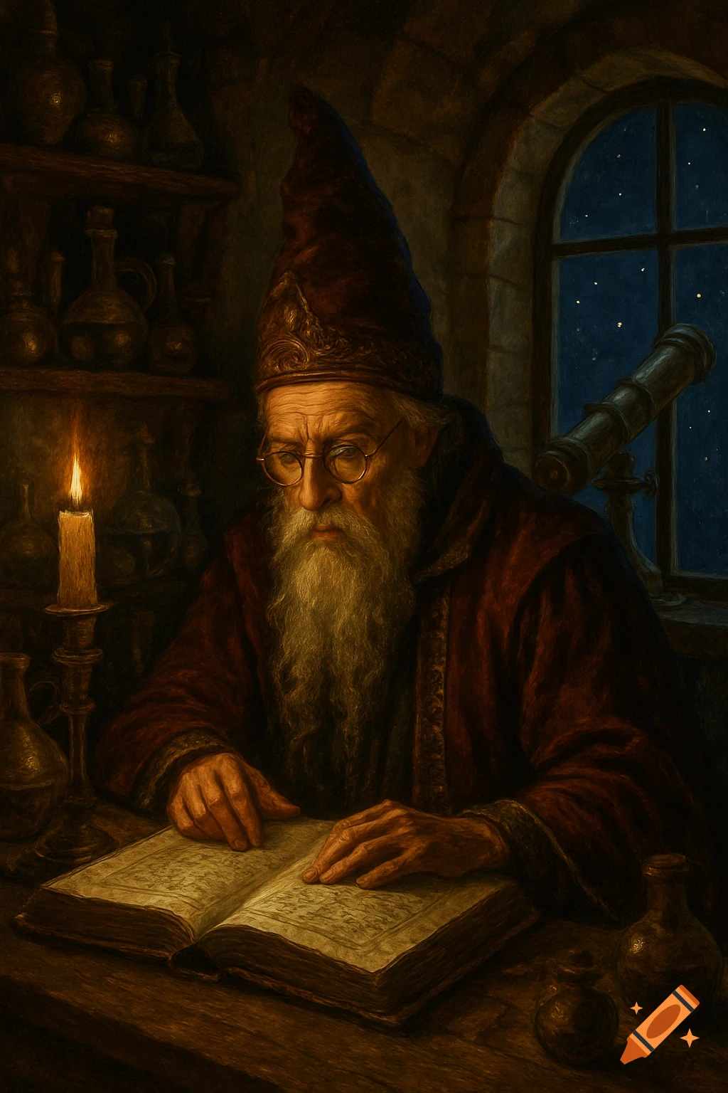 Old wizard in spectacles reading a grimoire by candlelight in a lab with a telescope viewing the night sky, painted style.