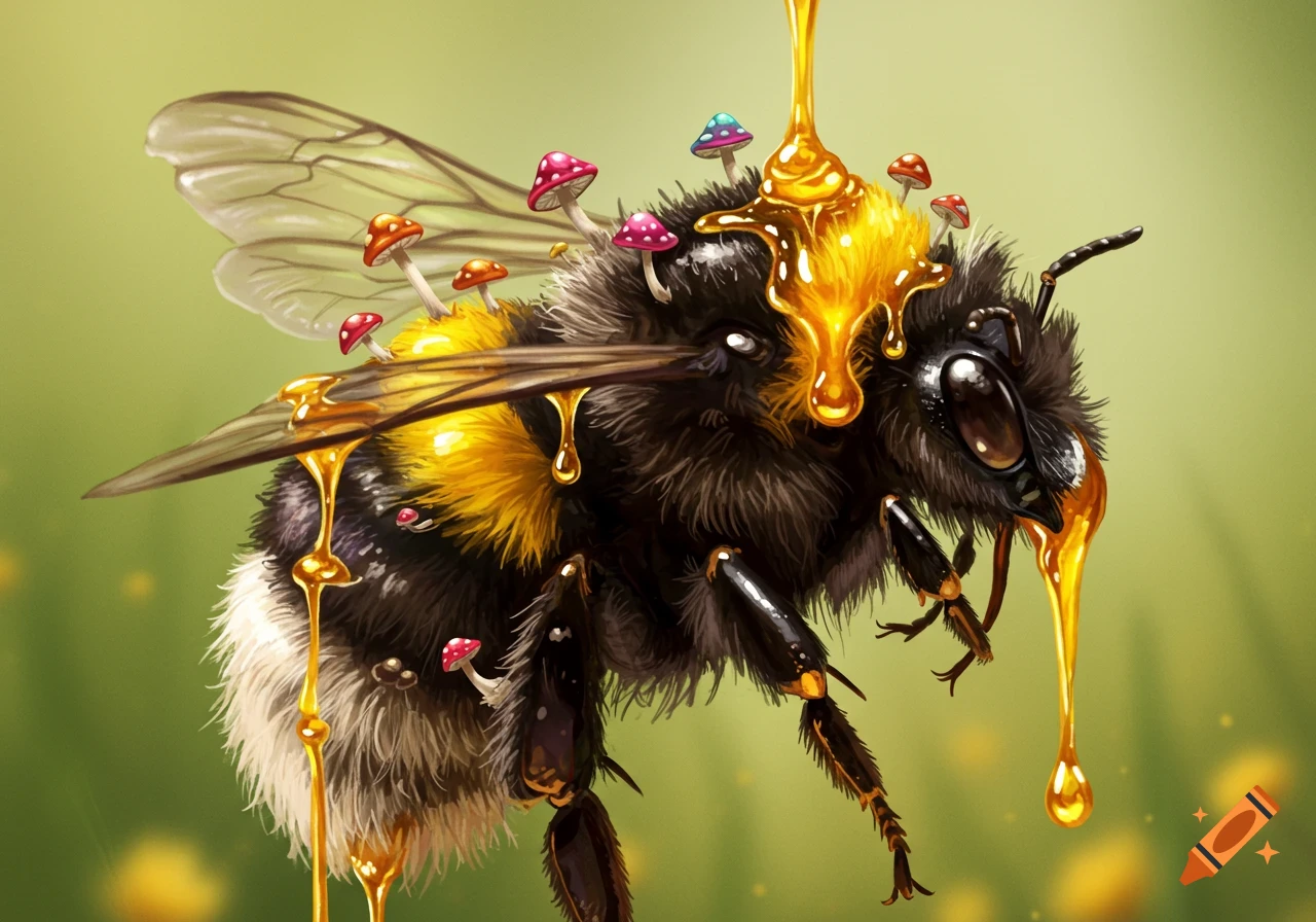 A bumblebee covered in dripping honey with tiny mushrooms growing on its body.