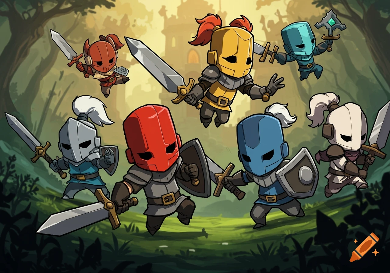 Stylized cartoon knights in different colors fight with swords and shields in a forest, video game art style.