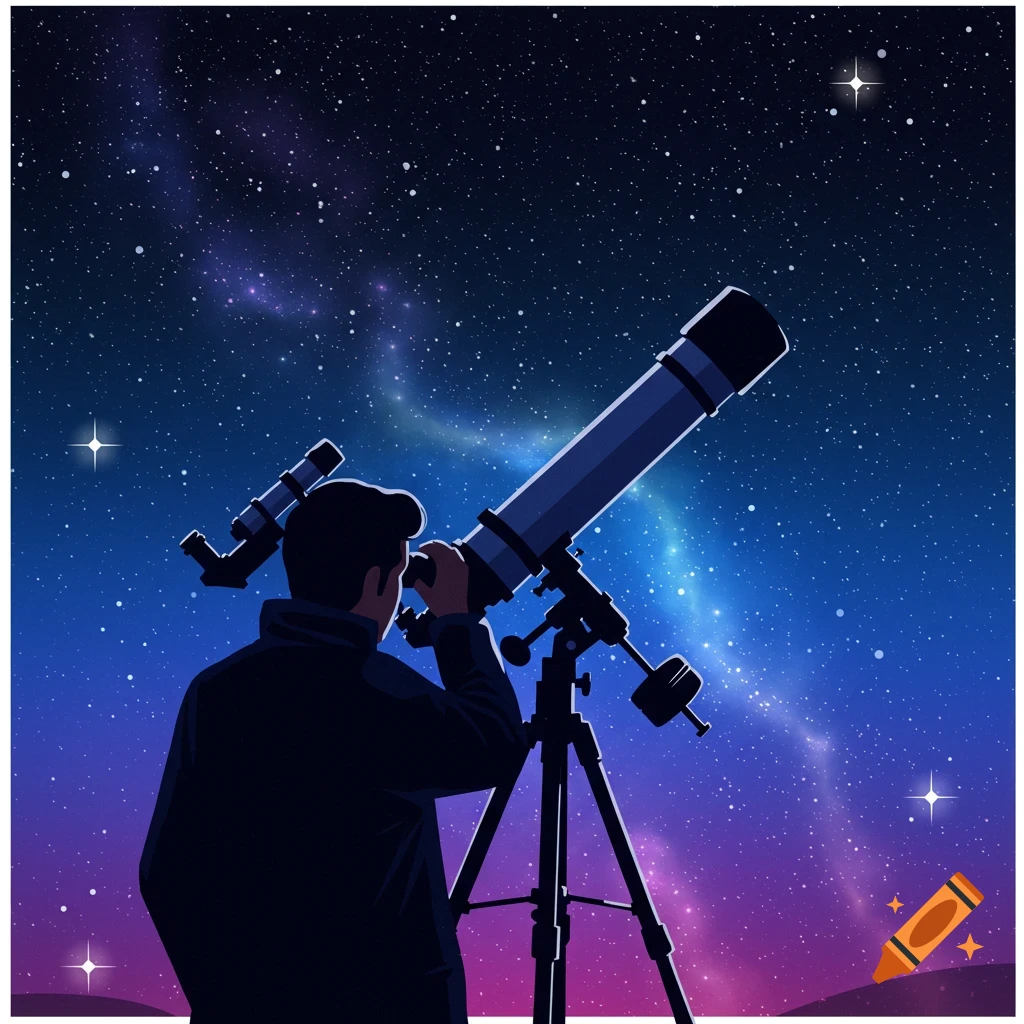 A person looks through a telescope at a starry night sky in a vector graphic illustration.