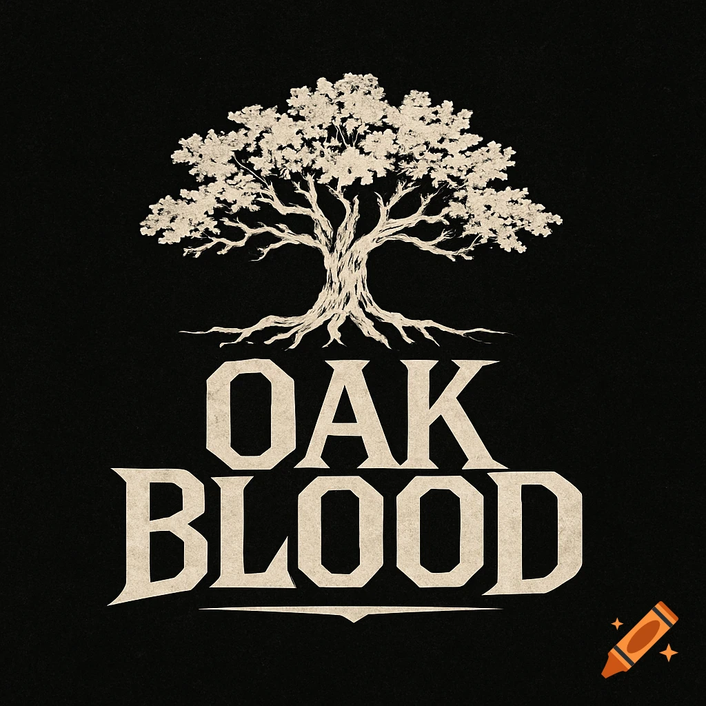 White graphic of a tree above the text OAK BLOOD on a black background.