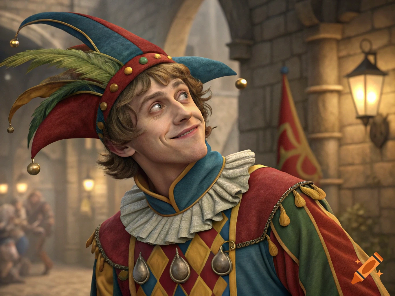 A man dressed as a jester looks up and smiles in a medieval courtyard.