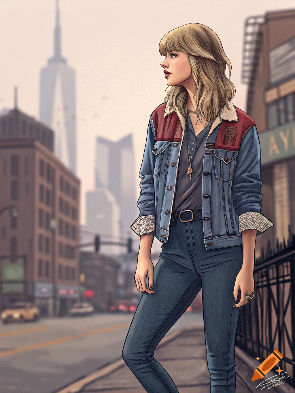 Illustration of a woman resembling Taylor Swift in a denim jacket and jeans, standing on an urban street.