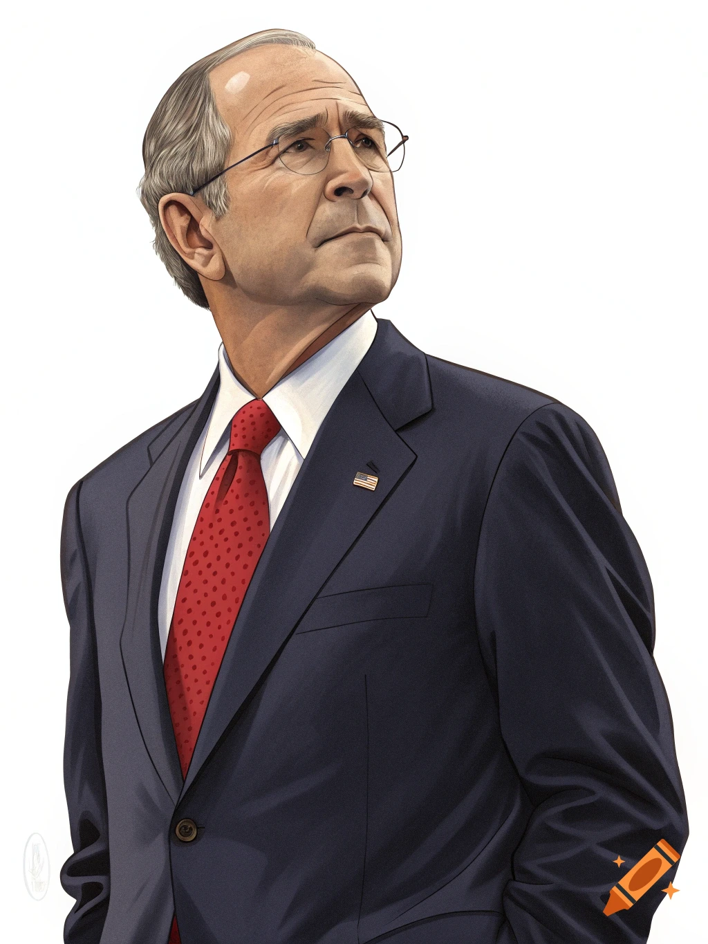 Illustration of George W. Bush wearing a dark suit and red tie, looking upwards.