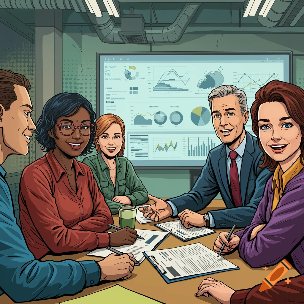 Diverse group of people in a meeting looking at data charts on a screen, pop art style.