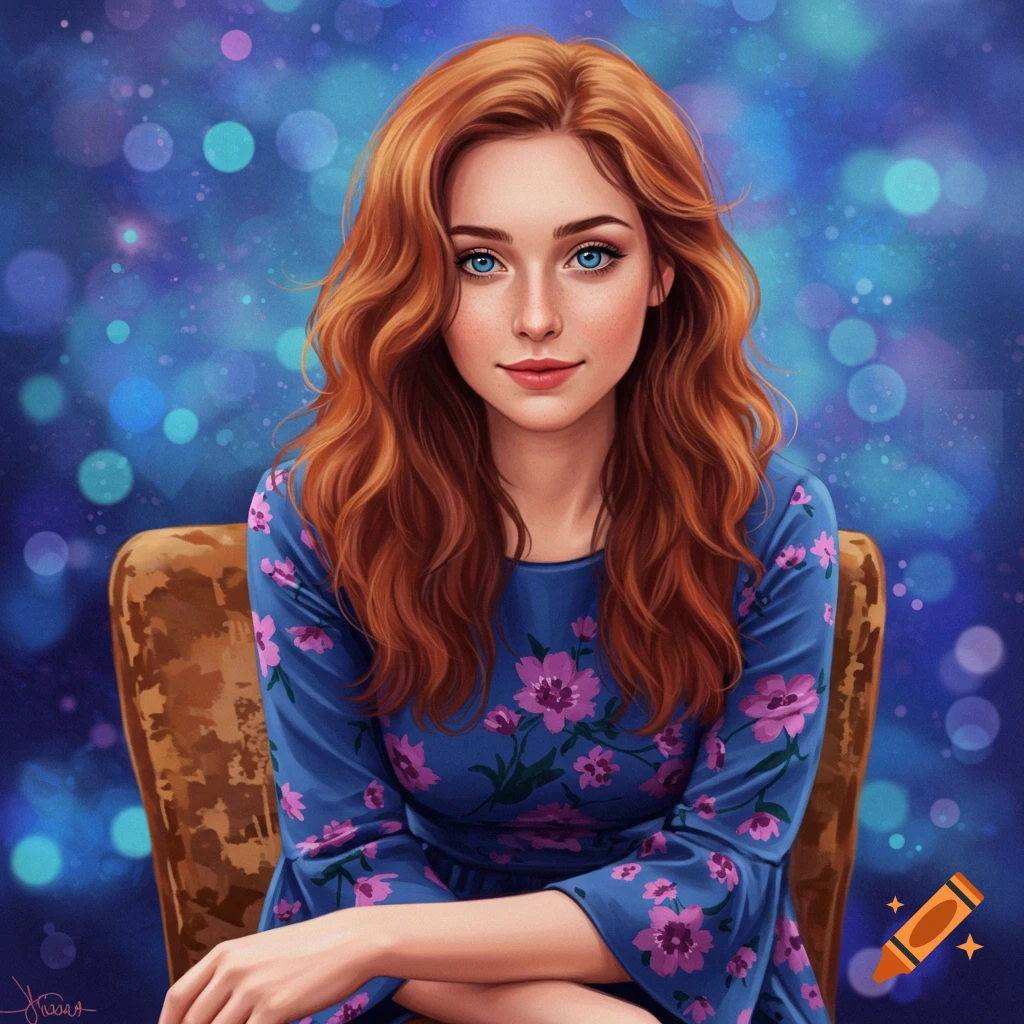 A woman with red hair and blue eyes in a floral dress.