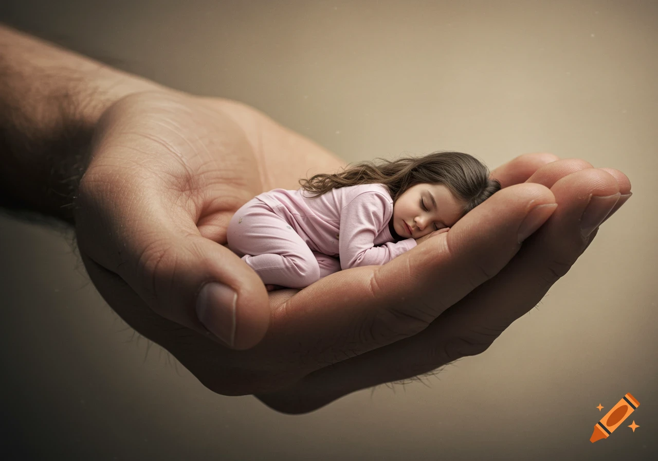 A tiny girl in pink pajamas sleeps peacefully in the palm of a giant hand. Photorealistic style.