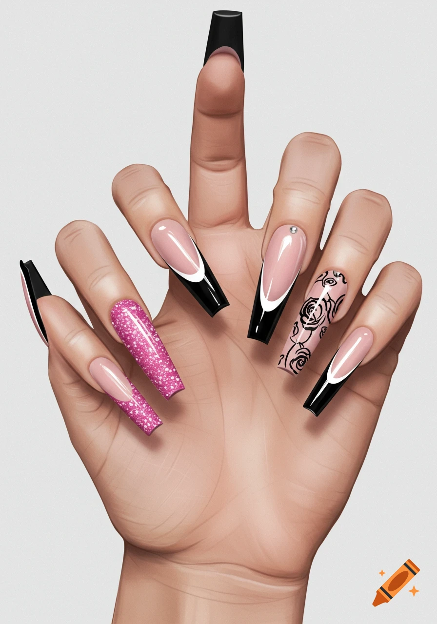 A hand displaying long, coffin-shaped nails with pink glitter, black tips, and a rose design.
