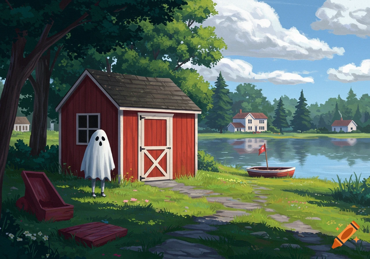 A cartoon ghost stands by a red shed near a lake.