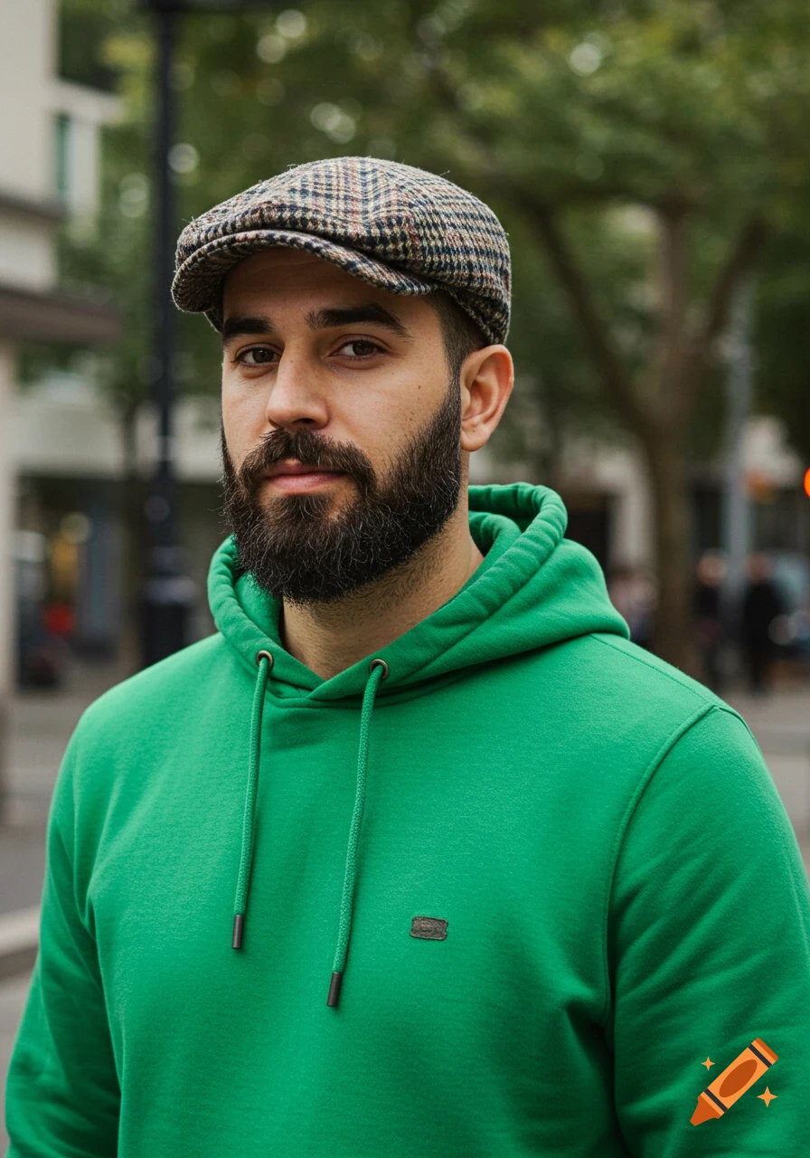 Portrait of a man with a beard wearing a green hoodie and a newsboy cap