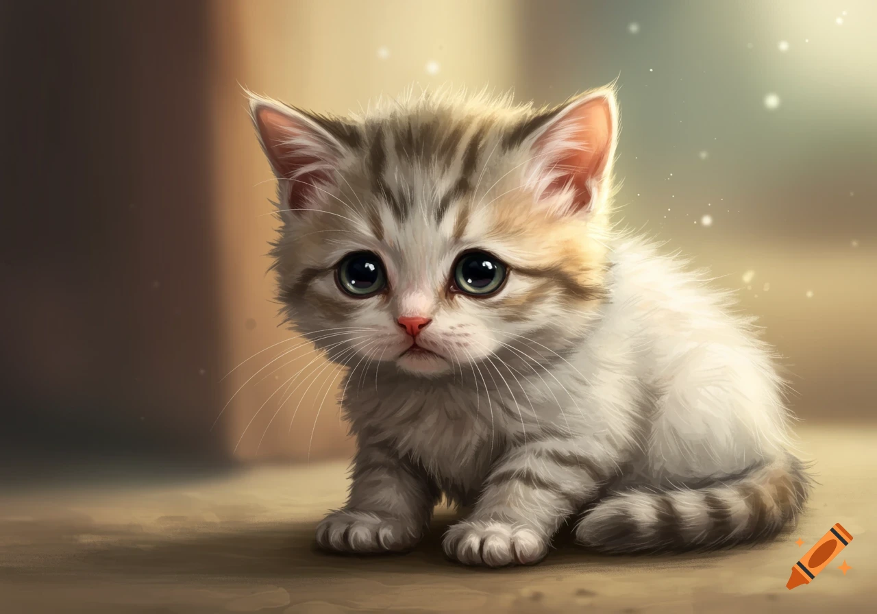 A sad fluffy kitten with big eyes.