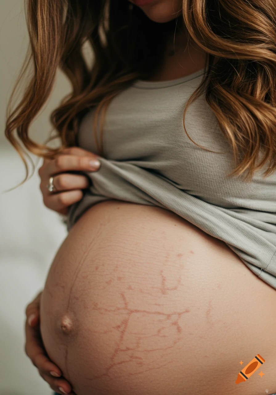 Close-up photo of a pregnant woman's belly showing stretch marks, with her shirt pulled up.