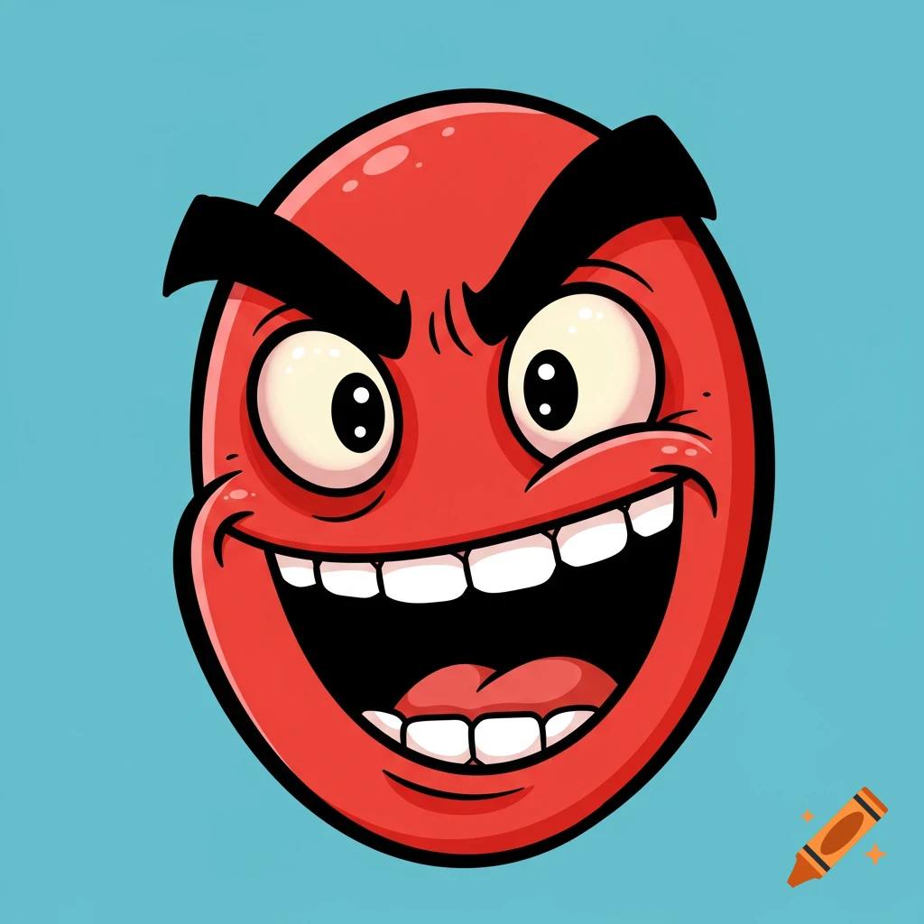 A red cartoon face with wide eyes, furrowed brows, and a large grin.