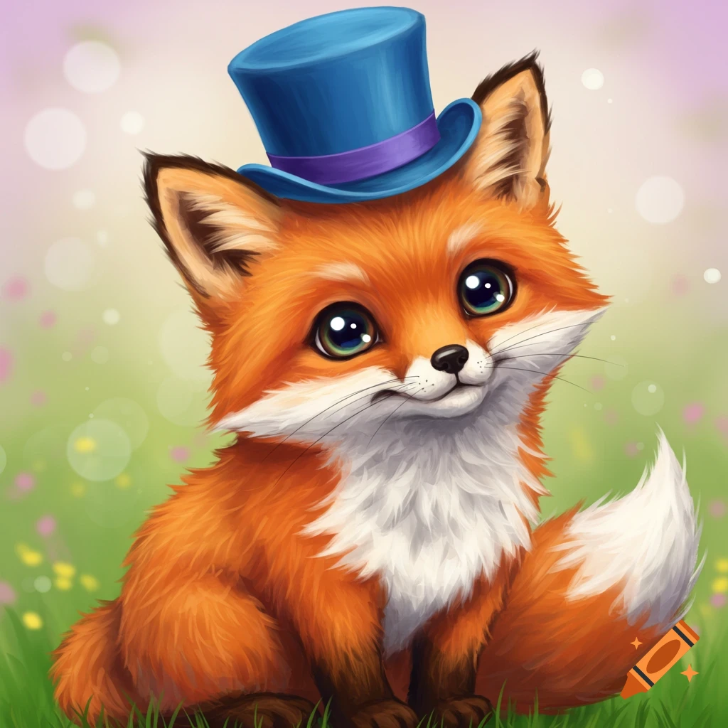 Cute fox wearing a blue top hat sitting in grass.