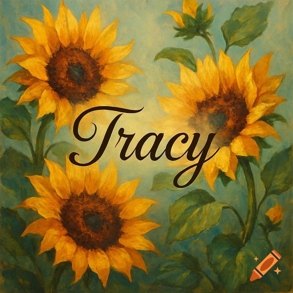 Sunflowers with the name Tracy written in fancy script.