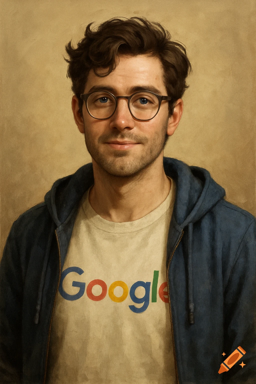 Portrait of a man in glasses, blue hoodie, and a Google logo t-shirt.