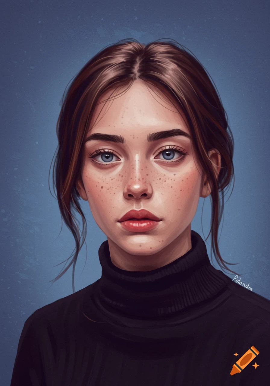 A young woman with freckles wearing a black turtleneck sweater against a blue background.