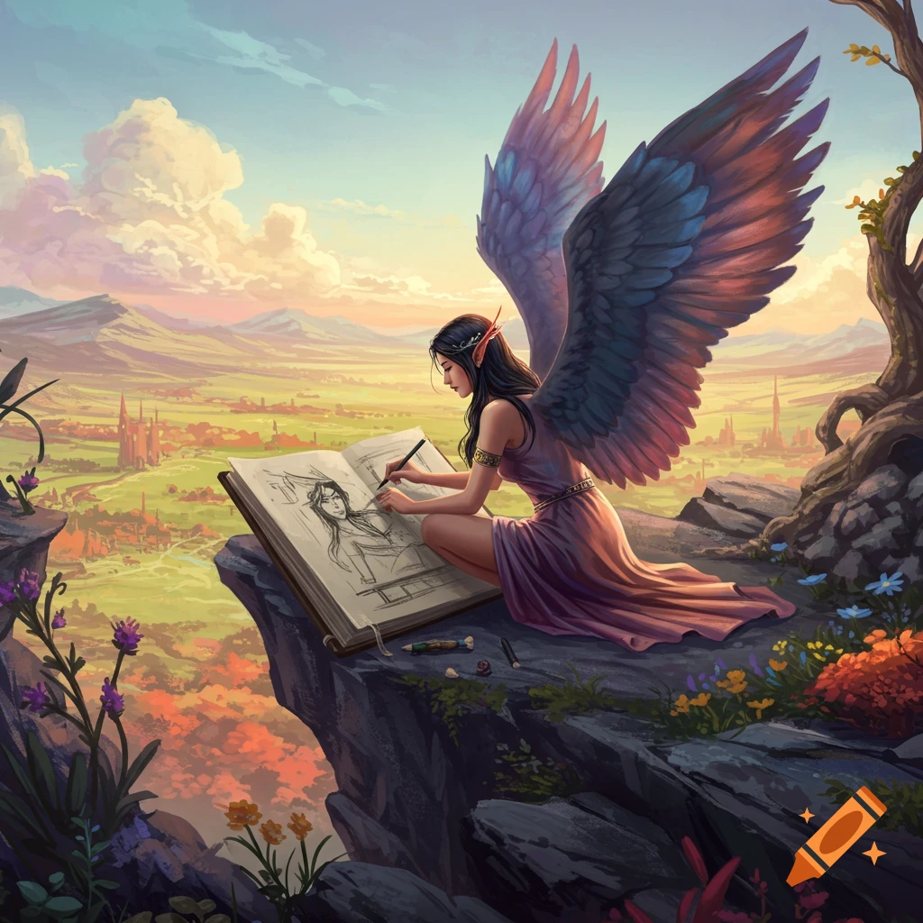 Winged woman drawing in a sketchbook on a cliff overlooking a fantasy landscape.