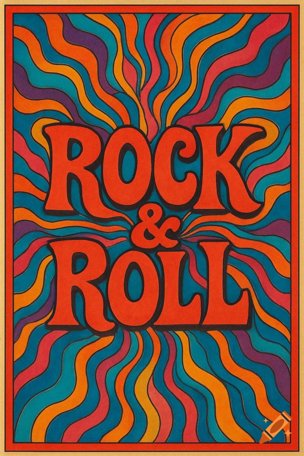 Retro psychedelic poster with "ROCK & ROLL" text on a wavy colorful background.