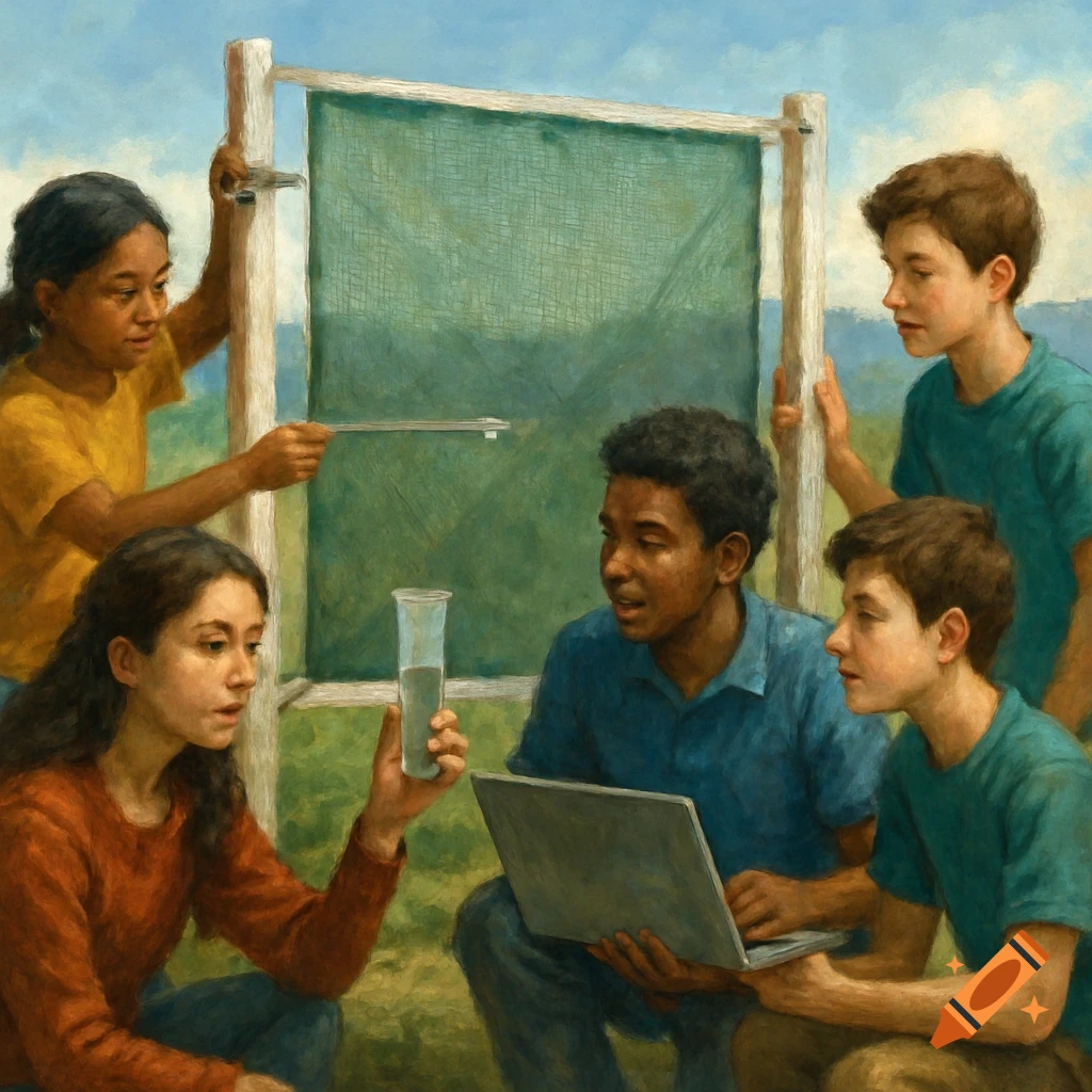 Five diverse students working together on a fog catcher science project outdoors.