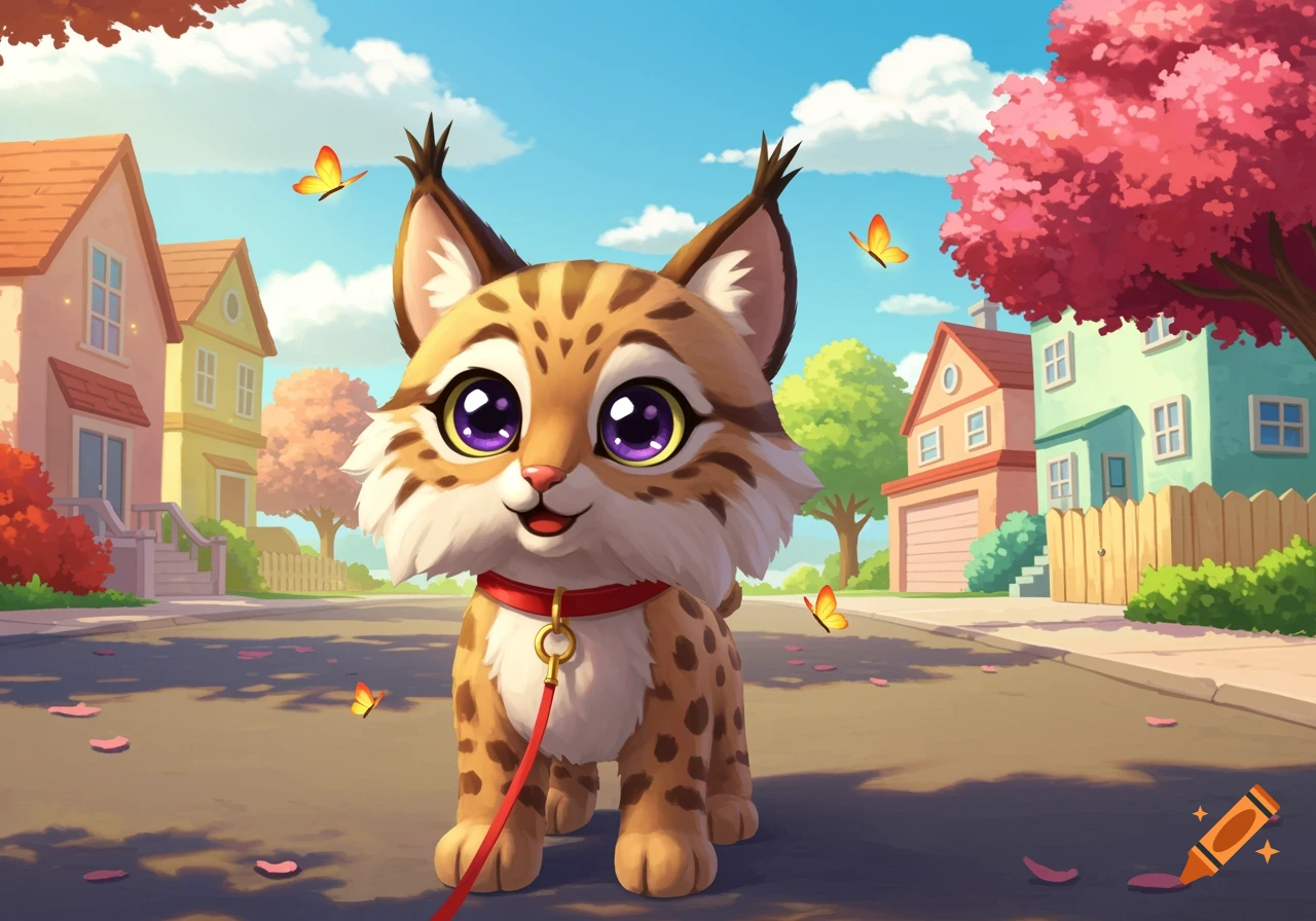 A cartoon lynx plushie on a leash walks on a sunny neighborhood street with butterflies flying around.