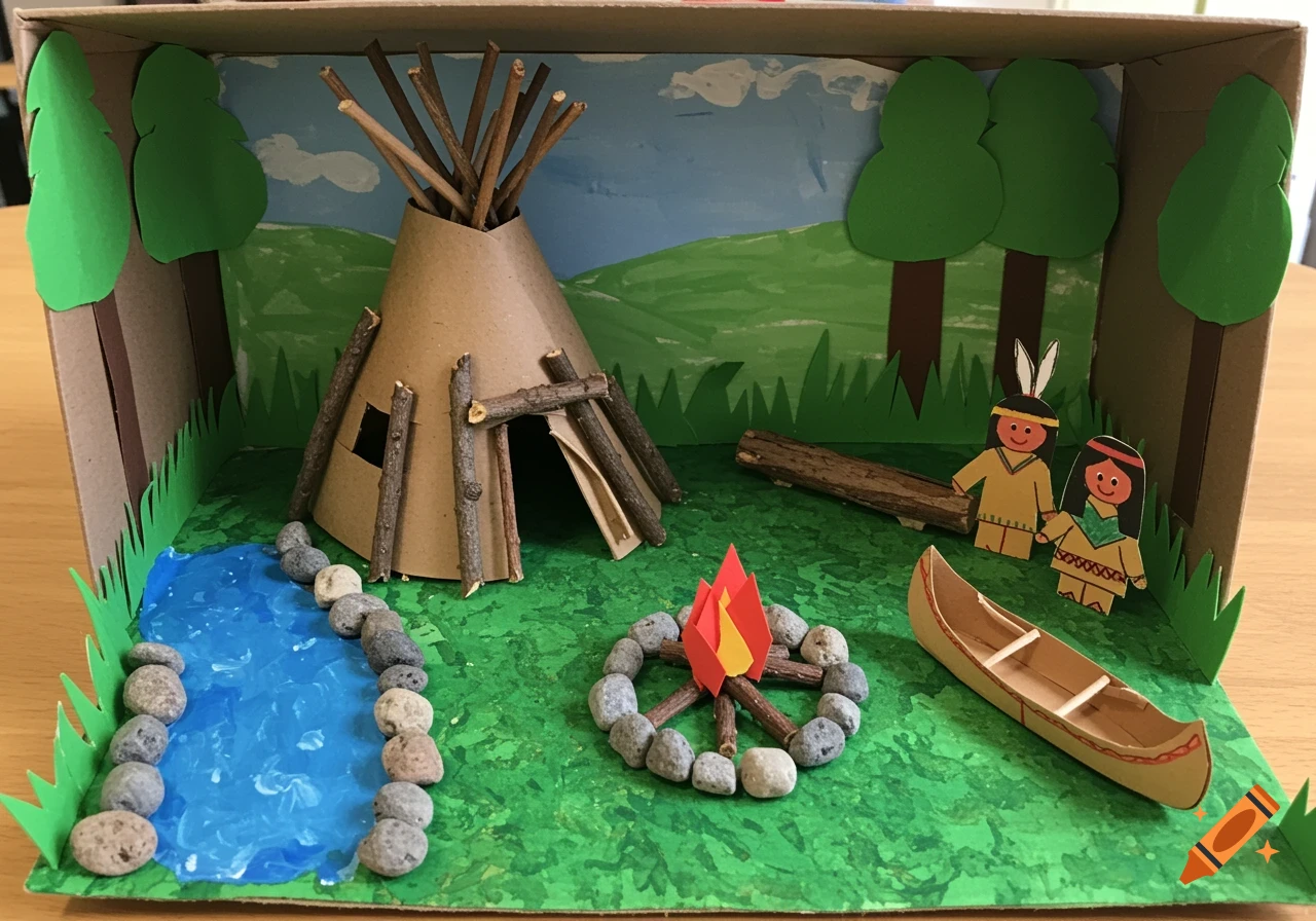 Craft diorama depicting a teepee, river, campfire, canoe, and two figures in a woodland scene.