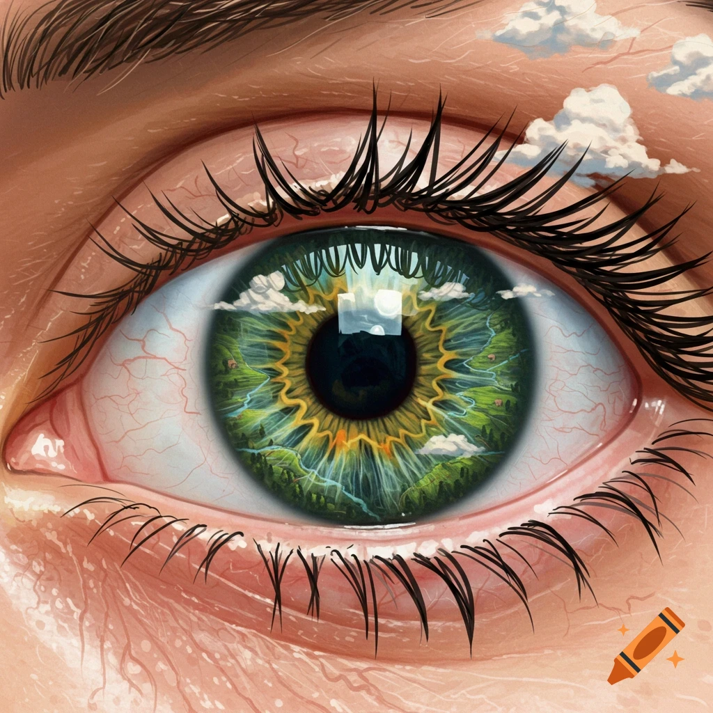 A close-up eye with a detailed landscape scene reflected or contained within the iris.