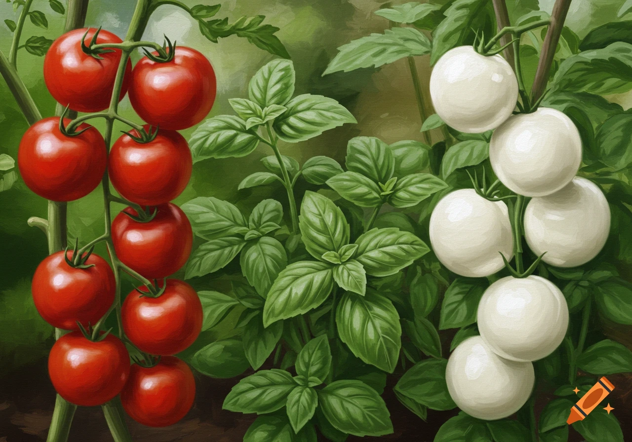 Red tomatoes, green basil leaves, and white mozzarella balls growing on plants.