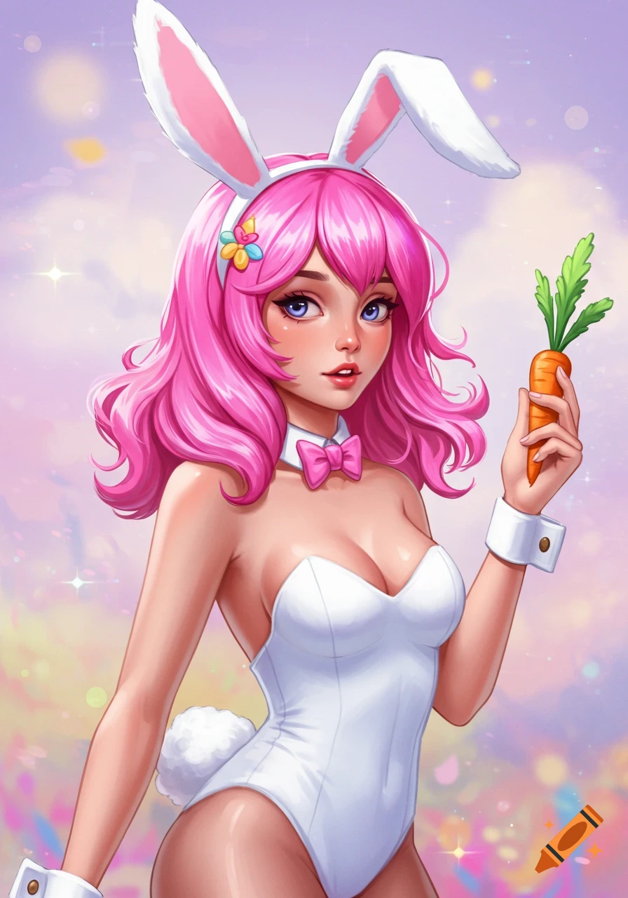 A woman with pink hair is wearing a bunny suit and holding a carrot.