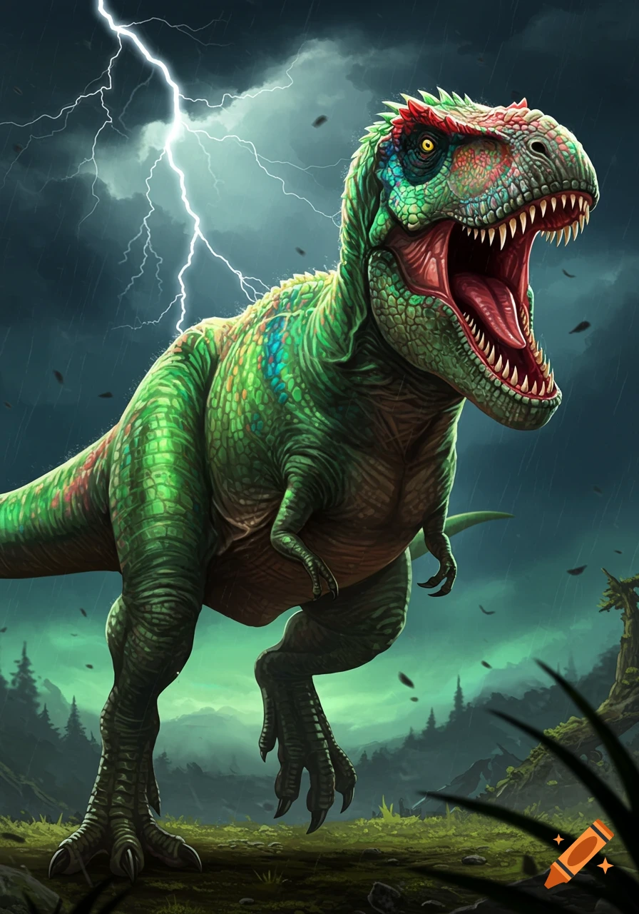 A green and red T-Rex roars during a lightning storm, digital illustration.