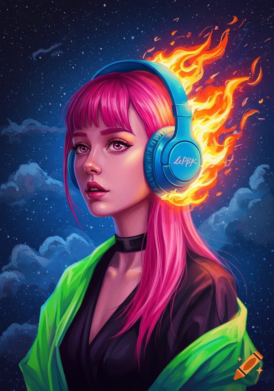 A woman with pink hair is wearing blue headphones that are on fire, against a starry sky background.