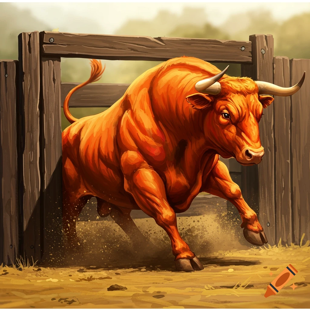 A vibrant orange bull charges out of a wooden pen.