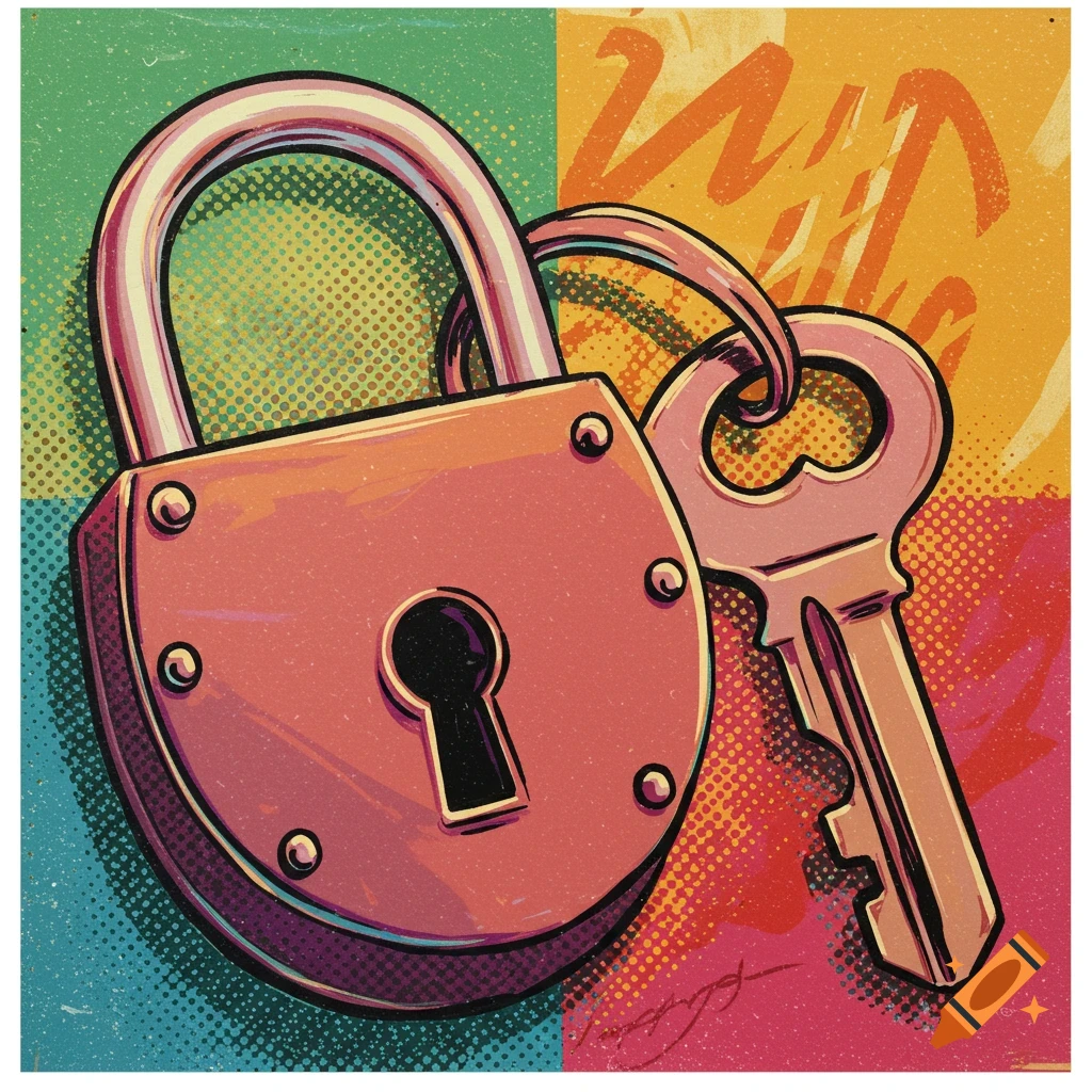 Pop art illustration of a lock and key with a colorful quad-panel background