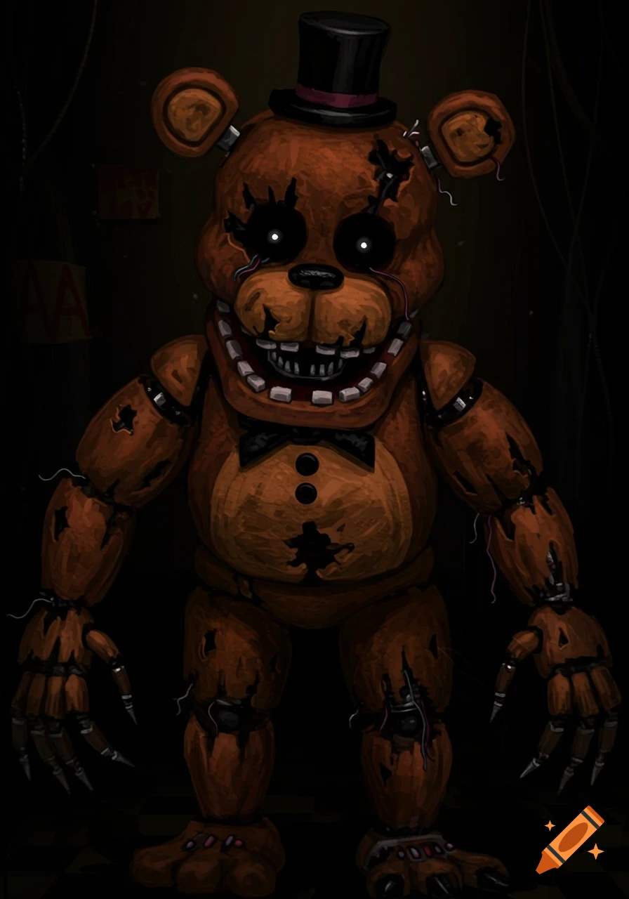 A damaged animatronic bear wearing a top hat and bow tie stands in a dark room. It has glowing eyes and a wide grin.