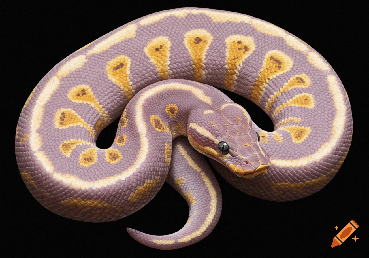 A lavender and gold Ball Python is coiled against a dark background.
