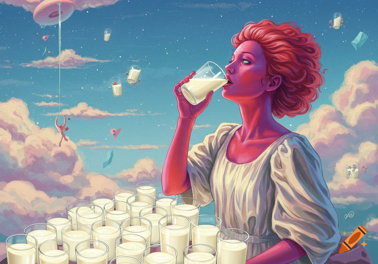 A red-skinned woman drinking milk in a surreal sky with floating glasses