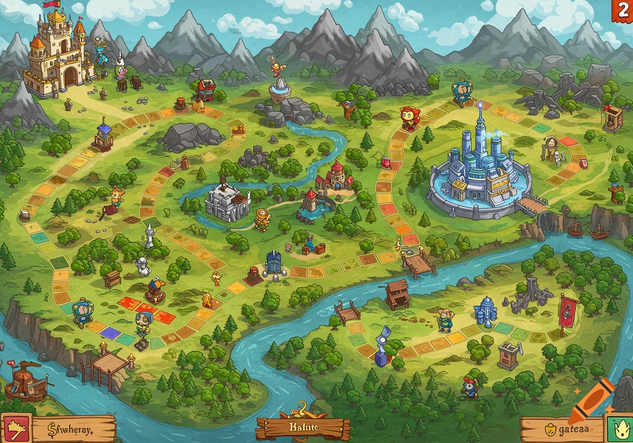 Cartoon board game map of a fantasy land with castles, rivers, mountains, and game pieces along a path.