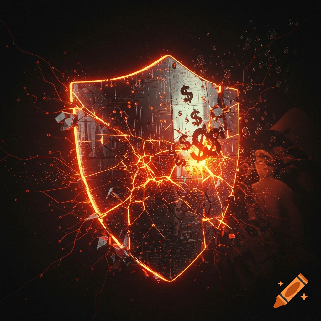 Digital shield with circuit patterns cracking under glowing orange light and exploding dollar signs.