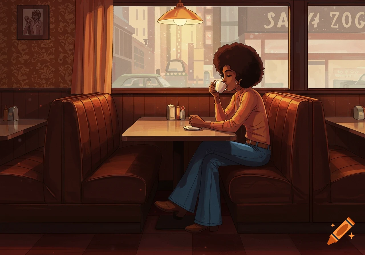 A woman with an afro drinks coffee in a retro 70s diner booth.