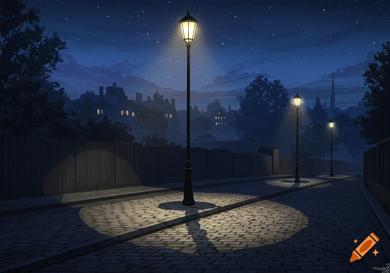 A cobblestone street at night is illuminated by lampposts, with buildings in the background under a starry sky.