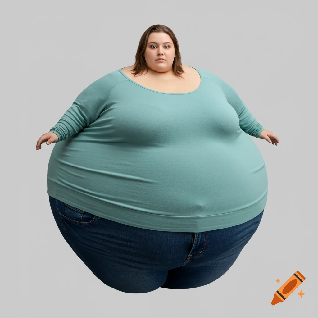 A woman with an exaggerated spherical body wearing a teal shirt and jeans stands against a gray background. Surreal style.