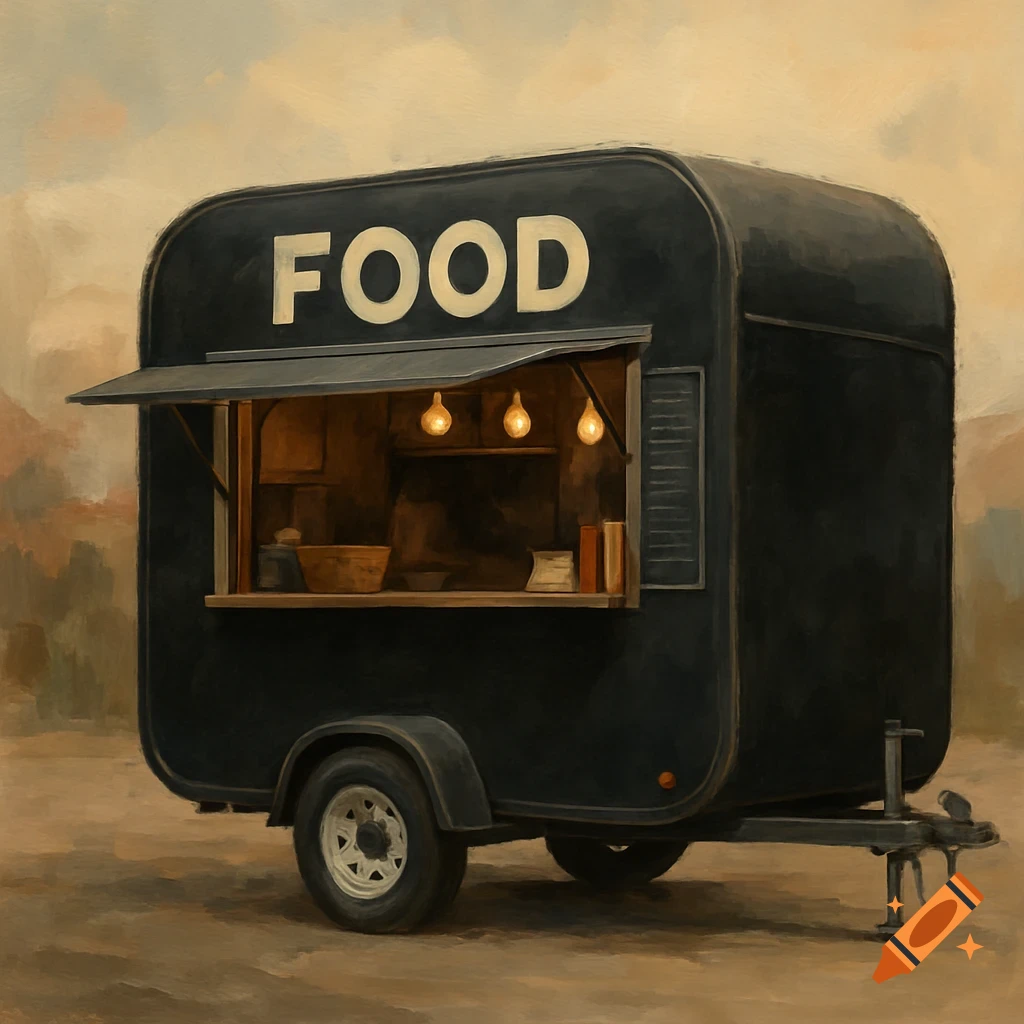 A black food truck with 'FOOD' written on it.