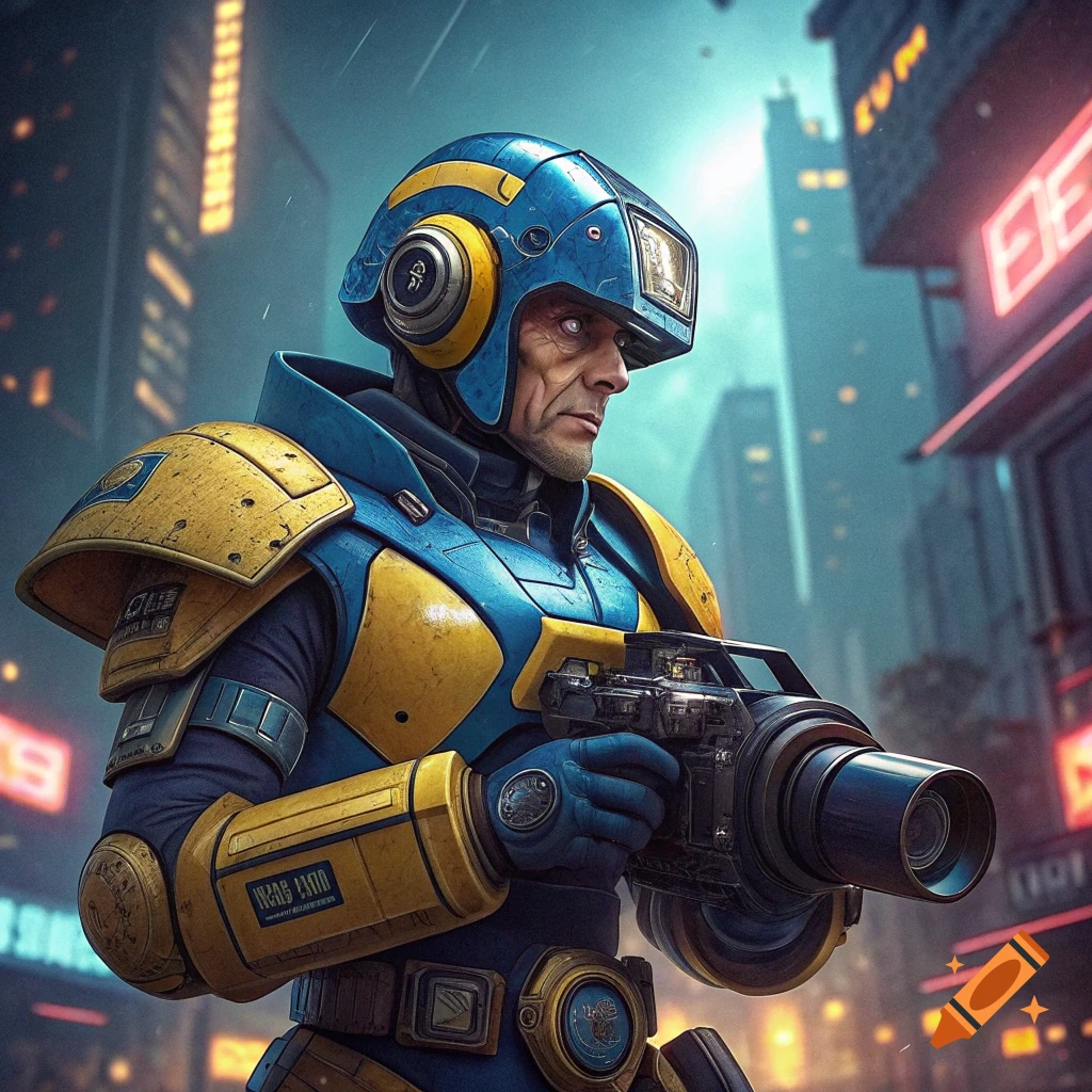 A character in blue and yellow futuristic armor holds a weapon in a neon-lit cyberpunk city.