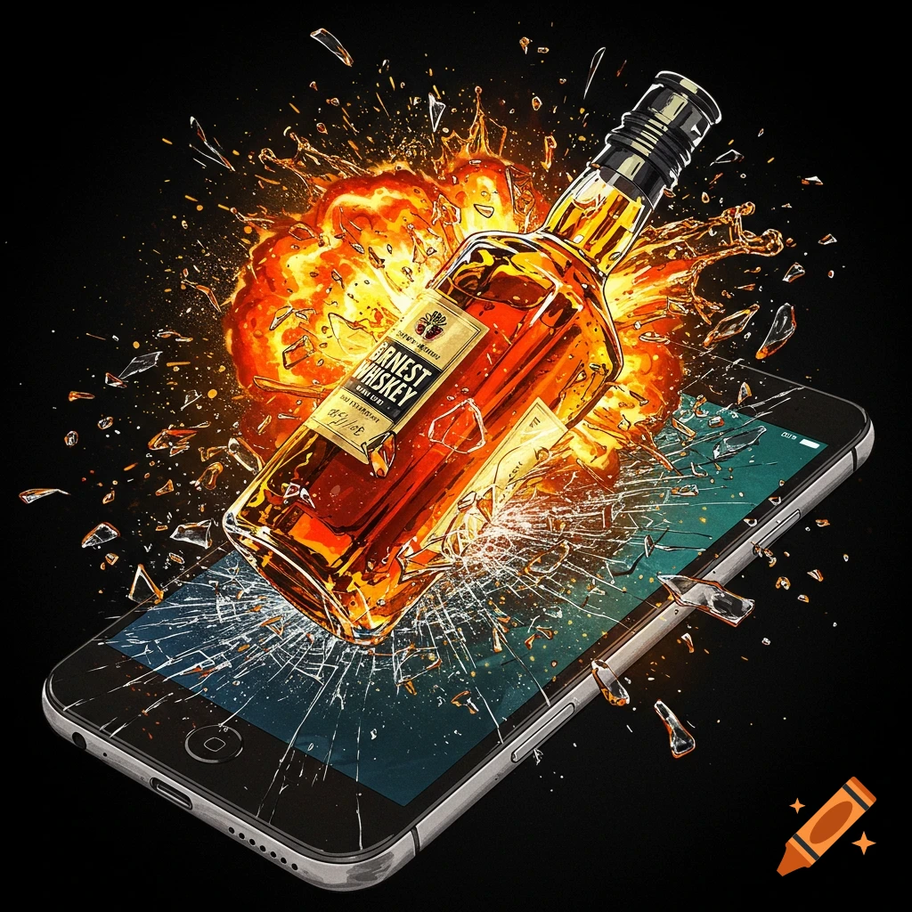 Whiskey bottle exploding through a cracked smartphone screen with fire and glass shards.