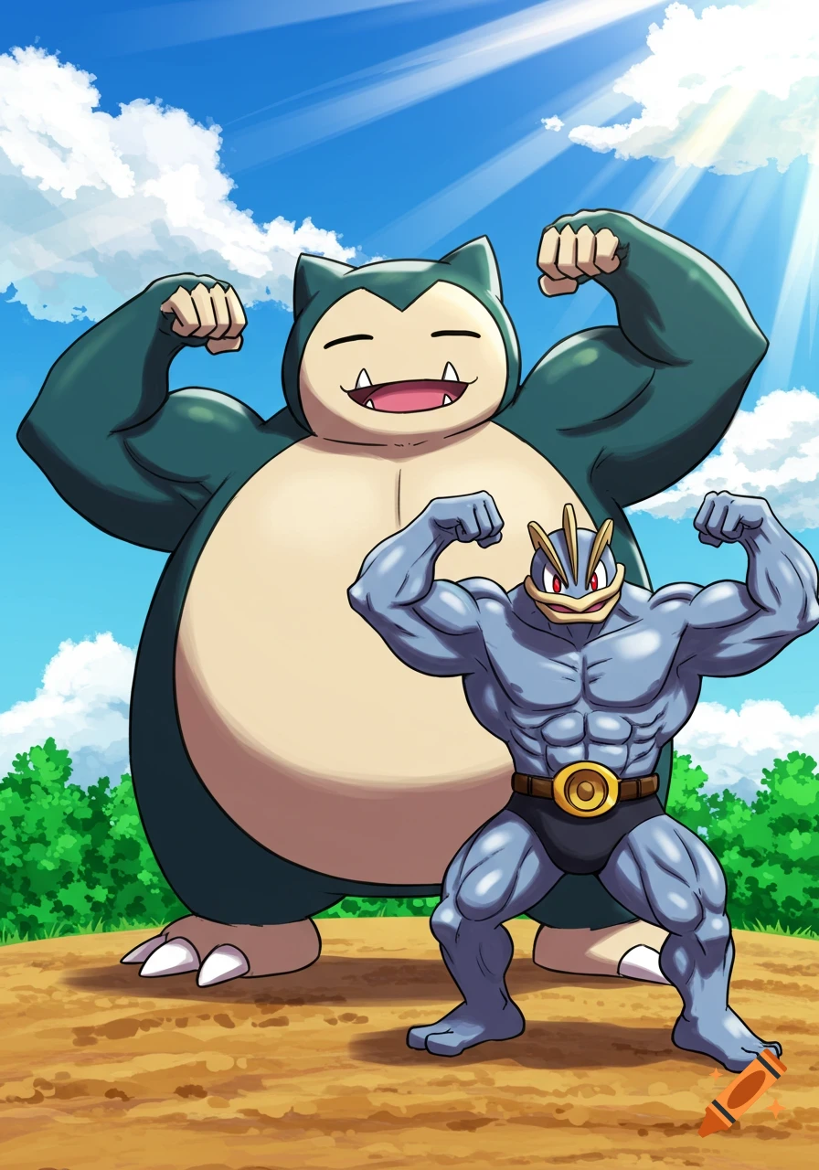 Snorlax and Machamp flexing their muscles outdoors.