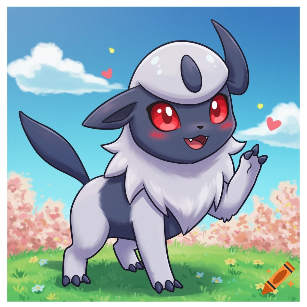Cute chibi anime illustration of Absol waving in a field of flowers and cherry blossoms.