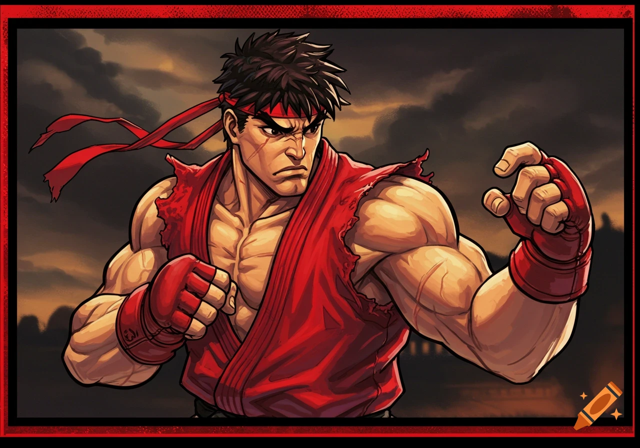 Ryu from Street Fighter in a fighting stance, wearing his red gi and headband.