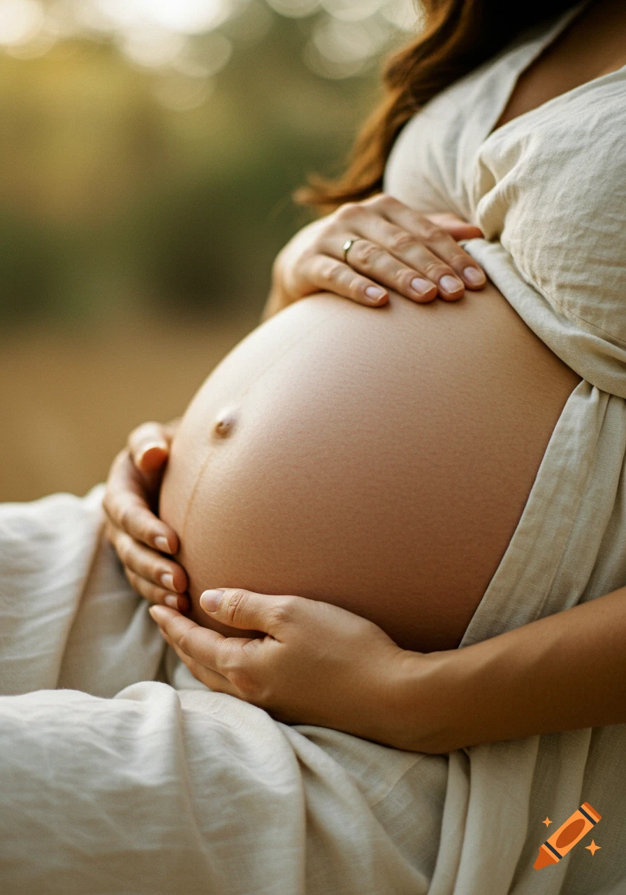 Close-up of a pregnant woman's belly with hands resting on it, outdoor photo.