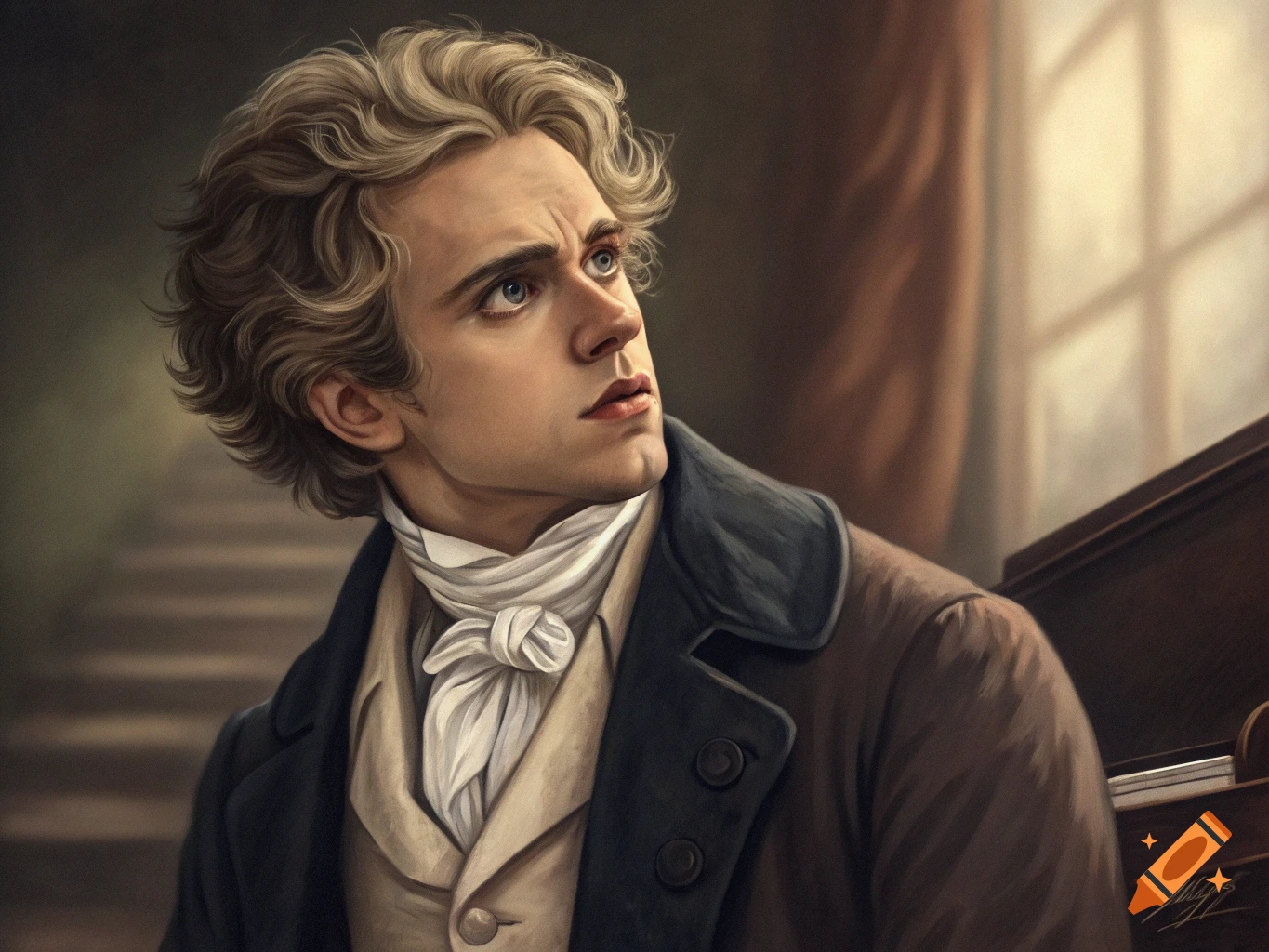 Painted portrait of a young man with curly blonde hair in historical clothing, looking upwards.